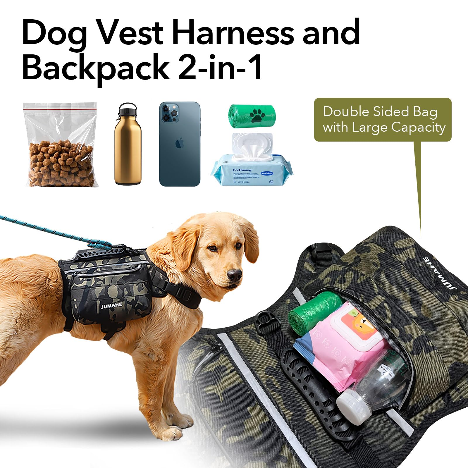 Goocare X Jumahe 2-In-1 Dog Vest Harness Backpack For Large Dogs, 2 Saddle Bags, Waterproof, Reflective Strips For Safe Walking,